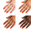 Esmalte Semilac 446 YOLO Orange sobre distintos tonos de piel