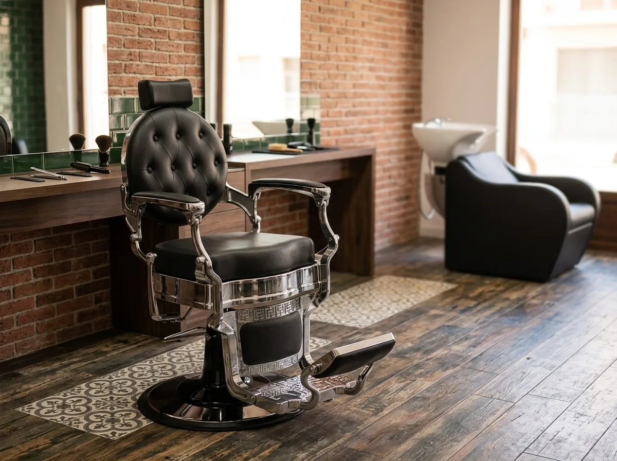 Barbería equipada con sillón de barbero clásico tapizado en negro con estructura cromada y lavacabezas al fondo